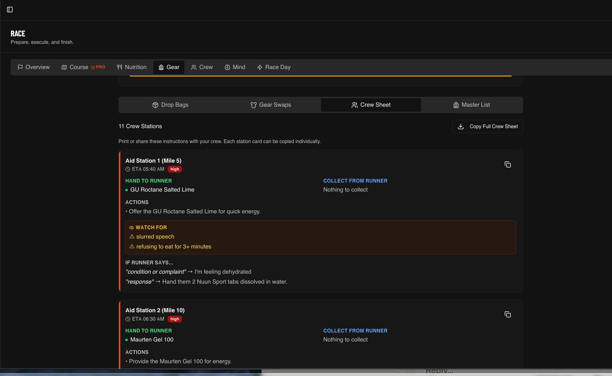 HARDN Crew Sheet showing Aid Station 1