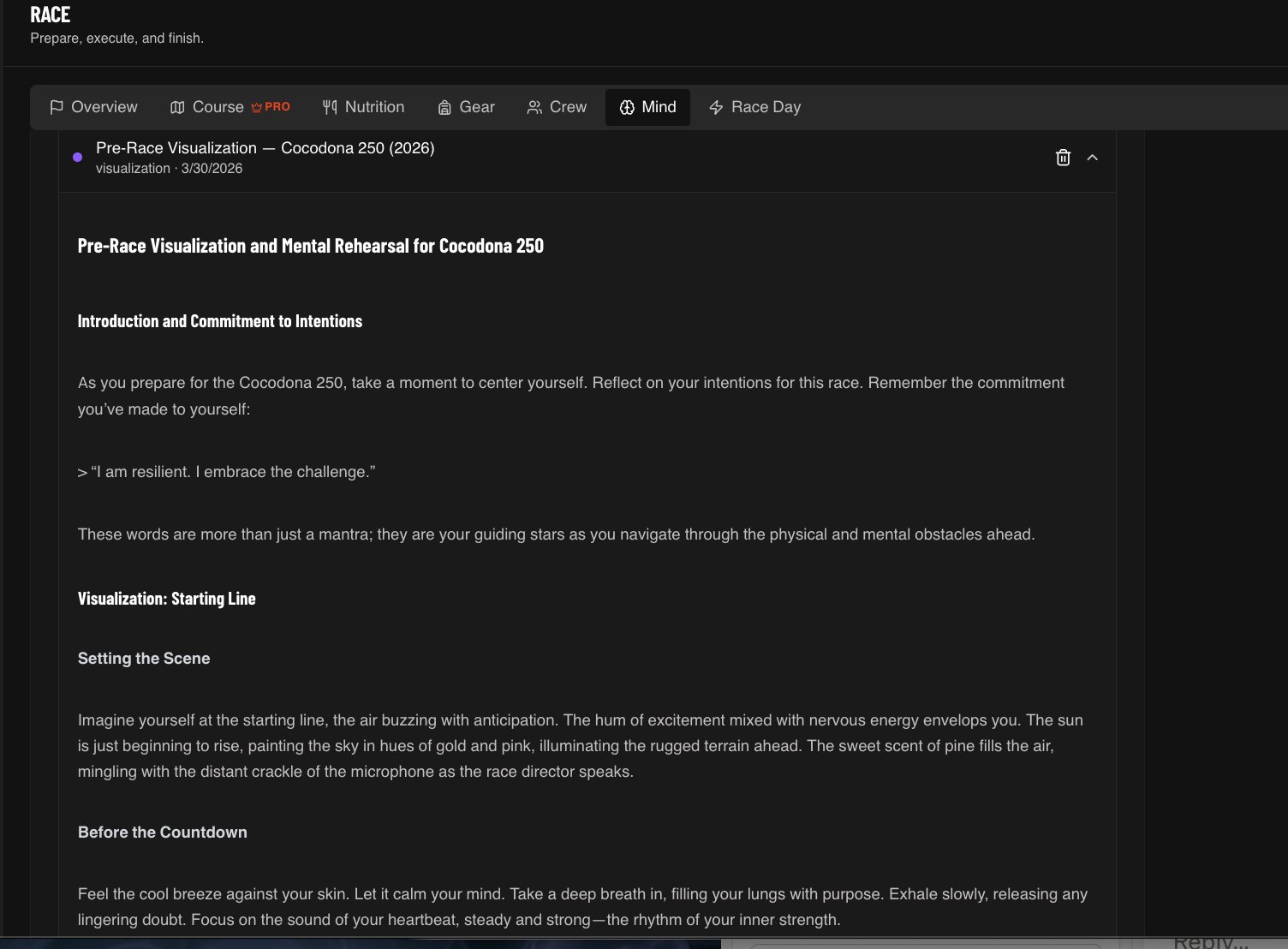 HARDN Mind tab showing Pre-Race Visualization